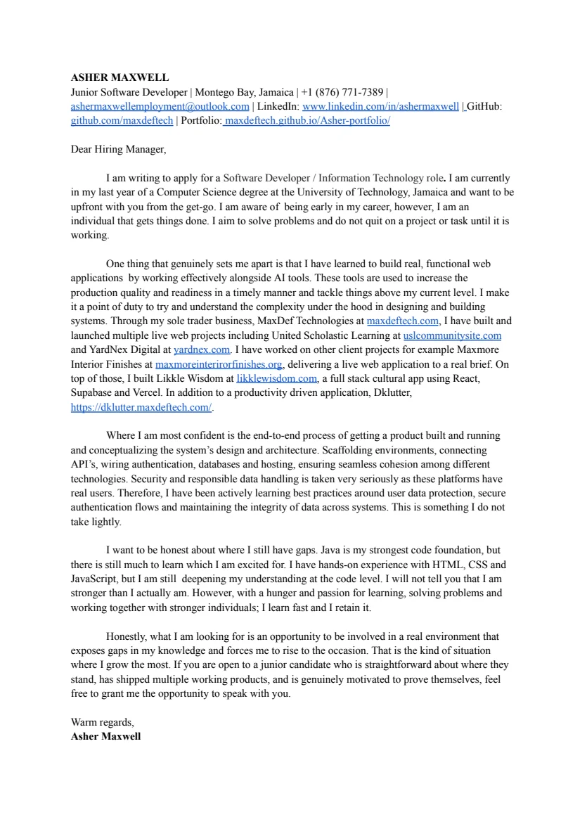 First page of Software Developer Cover Letter