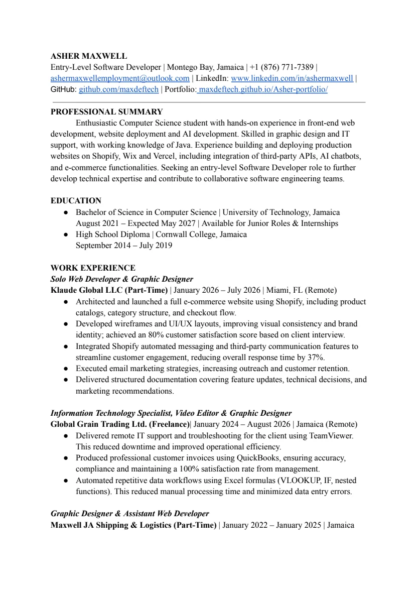 First page of Software Developer Résumé