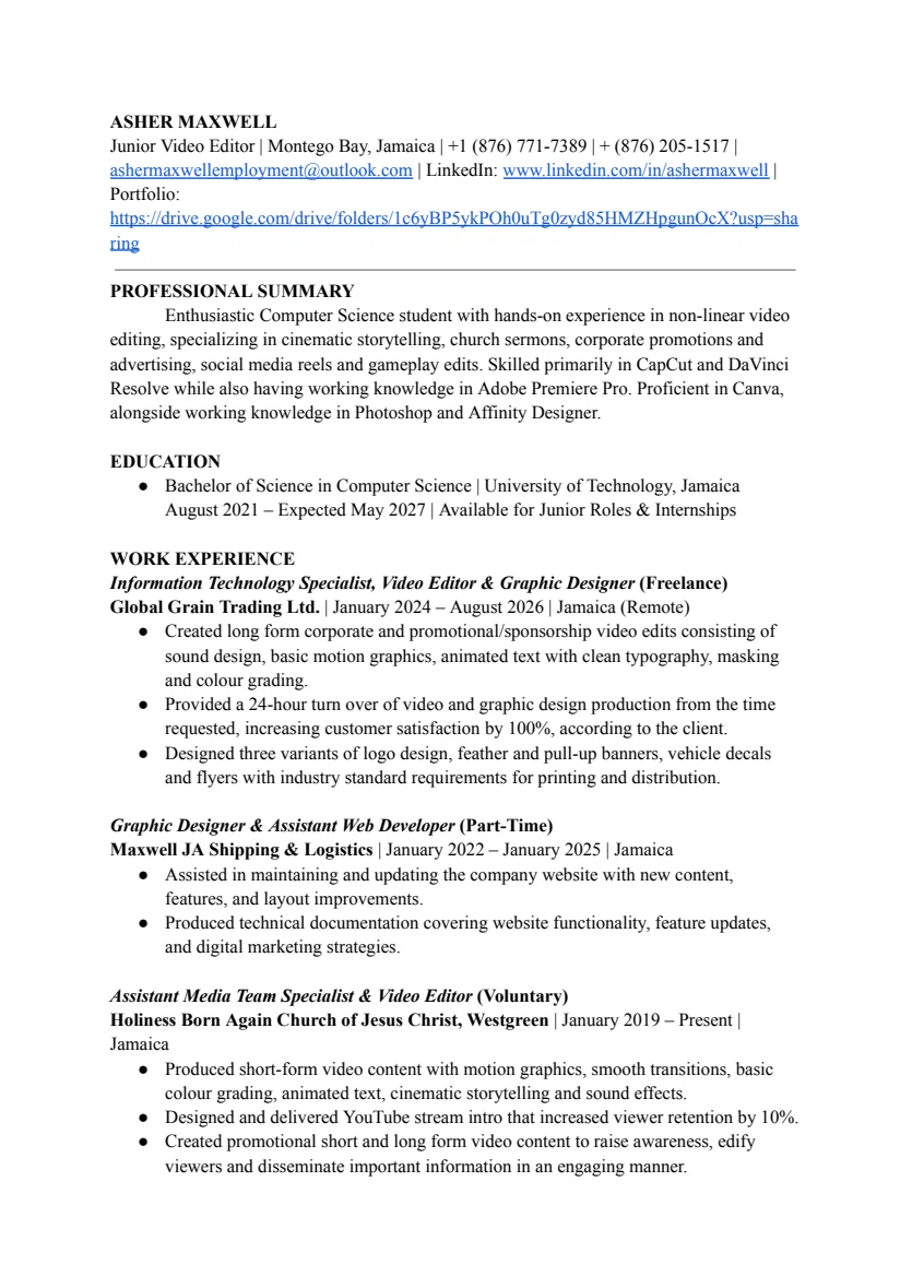 First page of Video Editor Résumé